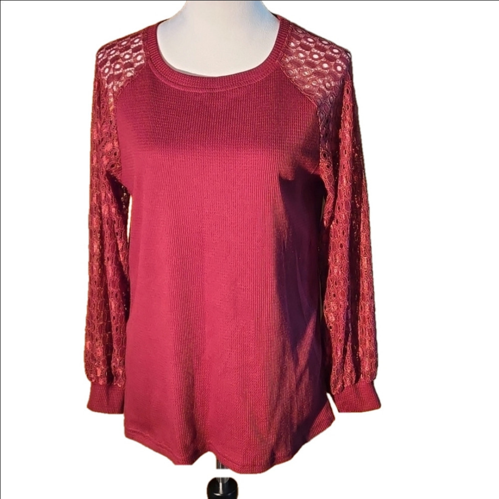 Waffle Knit Top w/ Lacey Long Sleeves Women size 4 (S)